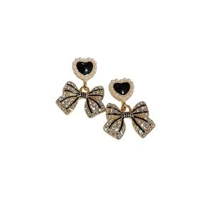 Sterling Silver Rhinestone and Pearl Heart and Bow Drop Earrings